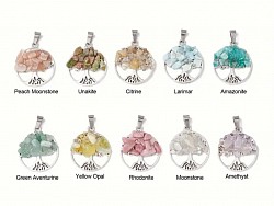 Edelsteen kettingen levensbomen: maansteen, opaal geel, citrine, larimar, amazonite, amethist, rhodonite, aventurijn, larimar, unakite. €12,50-,